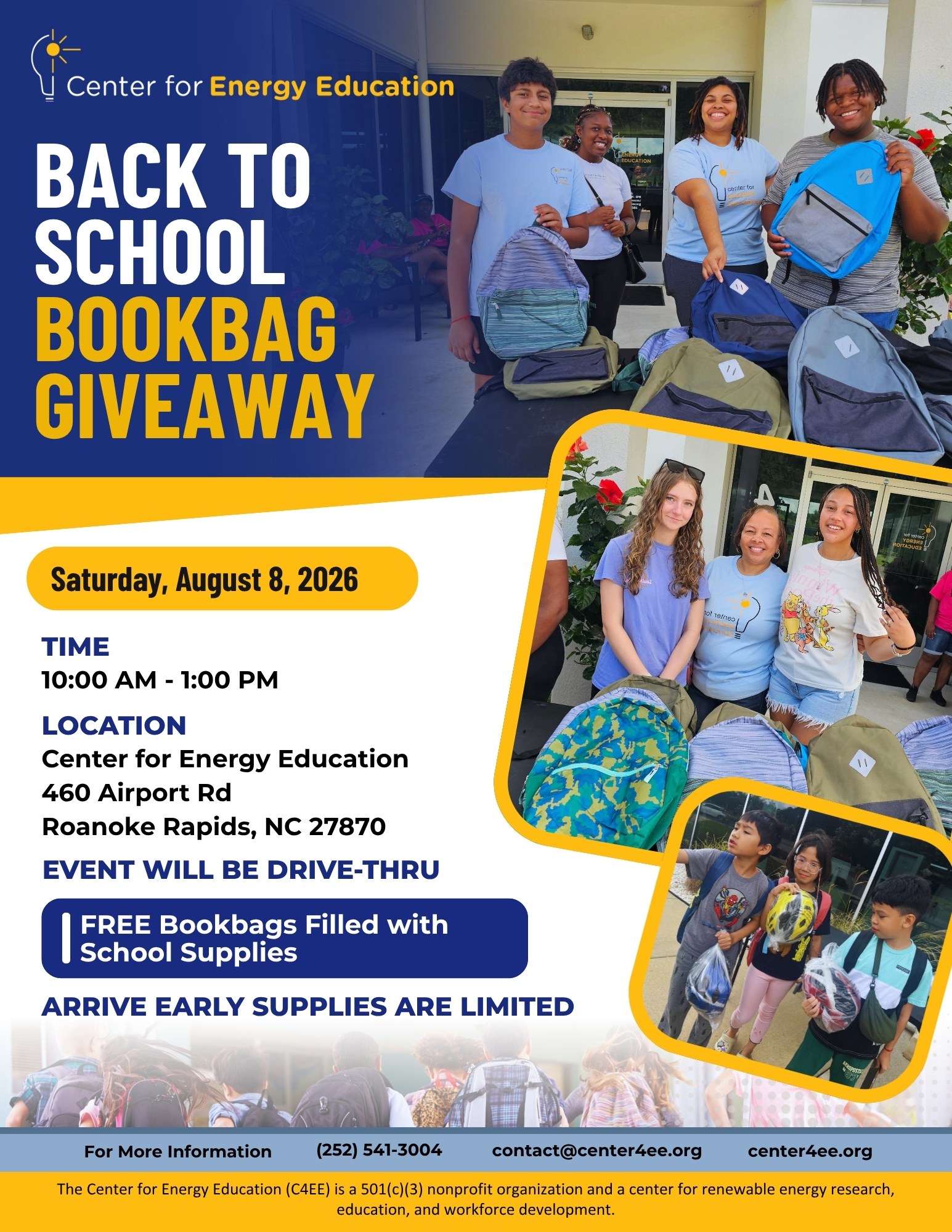 Yellow and Blue Back to School Bookbag Flyer with date, time and location