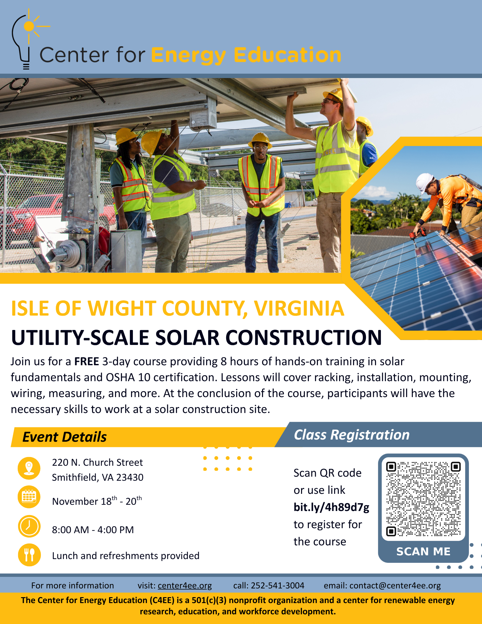 Flyer for Utility-Scale Solar Construction Course – Isle of Wight County, Virginia